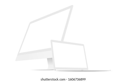 Clay desktop computers: PC monitor and laptop. Vector illustration