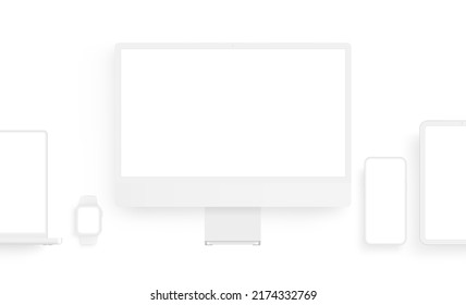 Clay Devices Mockups With Blank Screens. Computer Monitor, Laptop, Tablet, Phone, Watch. Vector Illustration