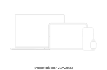 Clay Devices Mockups, Laptop, Phone, Tablet, Smart Watch, Isolated on White Background. Vector Illustration