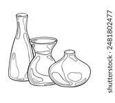 Clay dishes stand in a row in height graphic illustration hand drawn. High and small vases monochrome vector silhouette. Pottery jug with round handles ink silhouette. Vases coloring. For ceramics