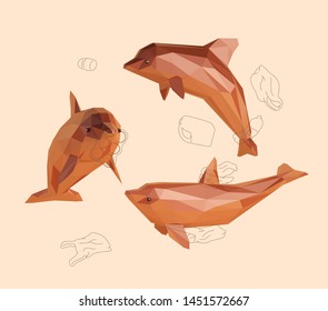 Clay Dolphin. Set of Brown Shiny Dolphins and Ocean Pollution on Isolated Background. Low Poly Vector 3D Rendering