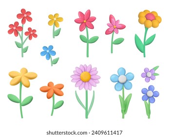 Clay flowers. Grass and plasticine flowers collection decent vector botanical illustrations