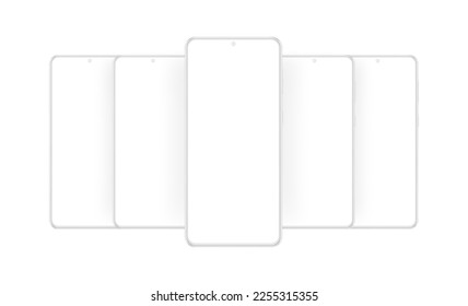 Clay Frameless Mobile Phones Mockups with Blank Screens, Isolated on White Background. Vector Illustration