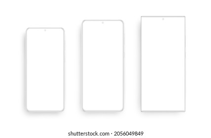 Clay Frameless Phones Mockups with Blank Screens, Isolated on White Background. Vector Illustration