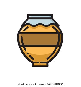 Clay honey pot, thin line flat style icon, vector illustration isolated on white background. Flat style beekeeping icon with clay honey pot