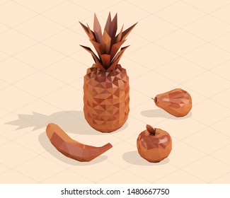 Clay Isometric Fruit. Set of Brown Shiny Fruits on Isolated Background. Low Poly Vector 3D Rendering