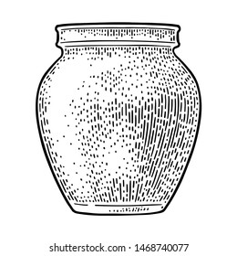Clay jar for jam or honey. Engraving vintage vector black illustration. Isolated on white background. Hand drawn design element for label and poster