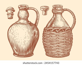 Frascos de arcilla para vino y aceite. Dibujado a mano boceto Ilustración vectorial vintage