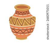 A clay jug decorated with Native American symbols, a color flat illustration. Ancient water vessels. Painted elements for everyday life. Cooking utensils. Nomadic lifestyle. American Indians