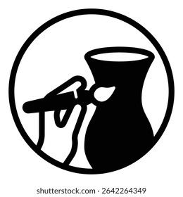 Clay jug and hand with brush solid icon, pottery making concept. Vector graphics. Artistic painting for clay product sign on white background, style mobile or design