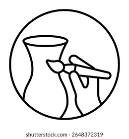 Clay jug and hand with brush thin line icon, pottery making concept. Vector graphics. Artistic painting for clay product sign on white background, style mobile or design