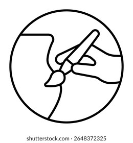Clay jug and hand with paintbrush thin line icon, pottery making concept. Vector graphics. Artistic painting for clay product sign on white background, style mobile or design