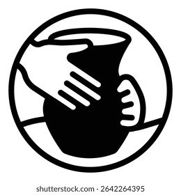 Clay jug in hands solid icon, pottery making concept. Vector graphics. Hands with plaster product model, handmade sign on white background, style mobile or design