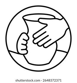 Clay jug in hands thin line icon, pottery making concept. Vector graphics. Hands with plaster product model, handmade sign on white background, style mobile or design