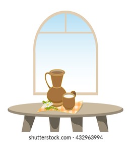 Clay jug and mug of milk on table against window. Vector illustration