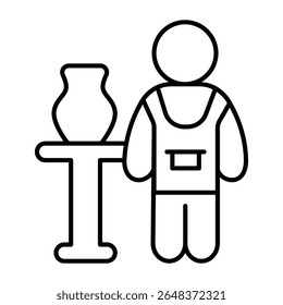Clay jug on desk and man with apron thin line icon, pottery making concept. Vector graphics. Human with vase on table sign on white background, style mobile or design