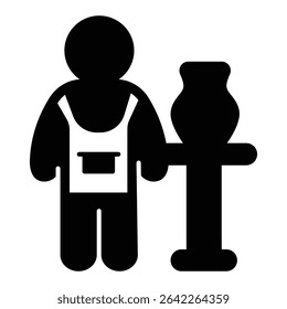 Clay jug on desk and potter solid icon, pottery making concept. Vector graphics. Human with vase on table sign on white background, style mobile or design