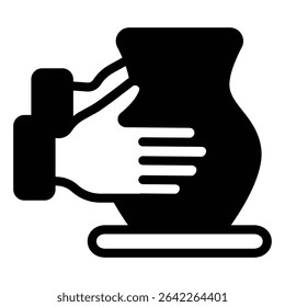 Clay jug on workbench in hands solid icon, pottery making concept. Vector graphics. Hands with plaster product, molding sign on white background, style mobile or design