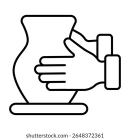 Clay jug on workbench in hands thin line icon, pottery making concept. Vector graphics. Hands with plaster product, molding sign on white background, style mobile or design