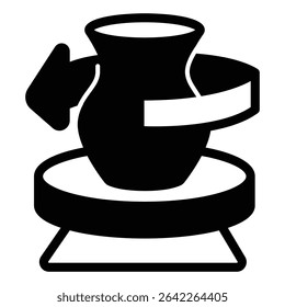 Clay jug on workbench and rotation arrow solid icon, pottery making concept. Vector graphics. Clay production machine sign on white background, style mobile or design