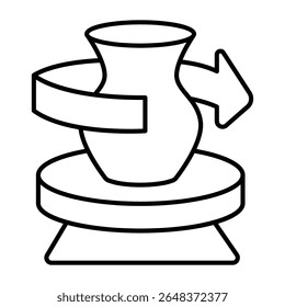 Clay jug on workbench and rotation arrow thin line icon, pottery making concept. Vector graphics. Clay production machine sign on white background, style mobile or design