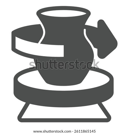 Clay jug on workbench and rotation arrow solid icon, pottery making concept. Vector graphics. Clay production machine sign on white background, glyph style icon for mobile or web design
