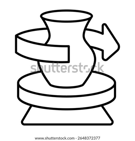 Clay jug on workbench and rotation arrow thin line icon, pottery making concept. Vector graphics. Clay production machine sign on white background, style mobile or design