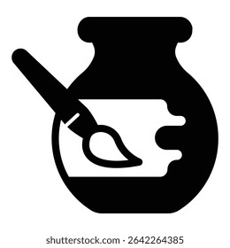 Clay jug and paint with brush solid icon, pottery making concept. Vector graphics. Artistic painting for clay product sign on white background, style mobile or design
