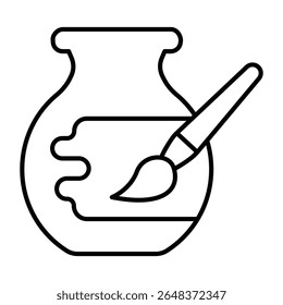 Clay jug and paint with brush thin line icon, pottery making concept. Vector graphics. Artistic painting for clay product sign on white background, style mobile or design