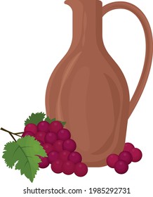 A clay jug for red wine with a bunch of grapes with green grape leaves lying next to it. A wine vessel. A decanter of wine. Vector illustration isolated on white background.