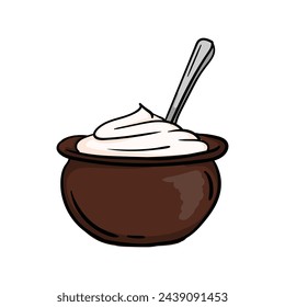 Clay jug with sour cream. Bright vector hand drawn illustration isolated on white background.
