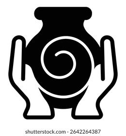 Clay jug with twirl in hands solid icon, pottery making concept. Vector graphics. Hands with clay jug, manual molding sign on white background, style mobile or design