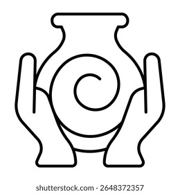 Garrafa de argila com girar em mãos ícone de linha fina, cerâmica fazendo conceito. Gráficos vetoriais. Mãos com jarro de argila, sinal de moldagem manual no fundo branco, estilo móvel ou design
