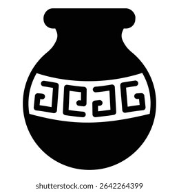 Clay jug with wave ornate solid icon, pottery making concept. Vector graphics. Plaster product with ornament sign on white background, style mobile or design