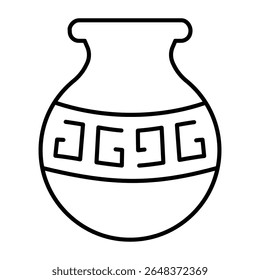 Clay jug with wave ornate thin line icon, pottery making concept. Vector graphics. Plaster product with ornament sign on white background, style mobile or design