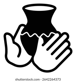 Clay jug with wave pattern in hands solid icon, pottery making concept. Vector graphics. Hands with clay jug, fragile sign on white background, style mobile or design