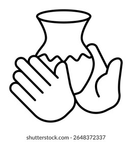 Garrafa de argila com padrão de onda em mãos ícone de linha fina, cerâmica fazendo conceito. Gráficos vetoriais. Mãos com jarro de argila, sinal frágil no fundo branco, estilo móvel ou design