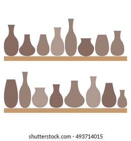 Clay jugs and vases on the shelves. Pottery. Vector illustration.