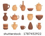 Clay kitchenware assortment set. Cup, mug, vessel, jug, plate, pot, vase, kettle, pepper or salt shaker. Ceramic utensil, crockery, cookware, dishes. Vector clay dishes isolated on white.