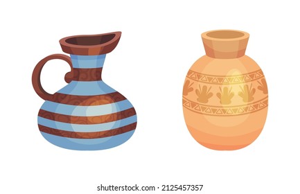 Clay kitchenware assortment set. Vintage ceramic vessels vector illustration