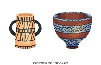 Clay kitchenware assortment set. Vintage ceramic vessels with decorative ornaments vector illustration