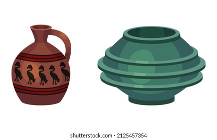 Clay kitchenware assortment set. Vuntage jug and vase ceramic vessels vector illustration