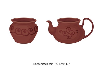 Clay Kitchenware and Ceramic Vessel with Pot and Tea Kettle Vector Set