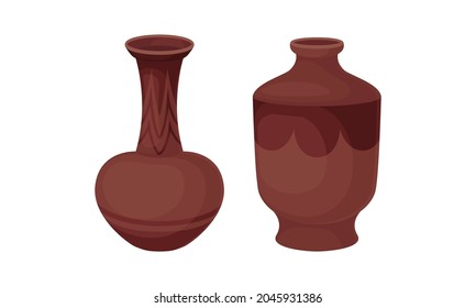 Clay Kitchenware and Ceramic Vessel with Tall Vase with Narrow Neck Vector Set