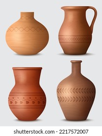 Artículos de cocina de arcilla. Utensilios hechos a mano y realistas macetas y tazas modelos vectoriales decentes de productos de arcilla auténticos