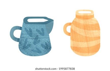 Clay Kitchenware Set, Ceramic Pottery with Decorative Ornament, Creamer and Jug Crockery Cartoon Vector Illustration