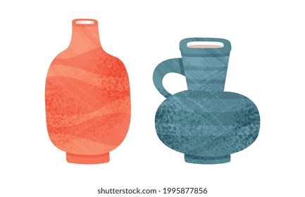 Clay Kitchenware Set, Ceramic Pottery with Decorative Ornament, Jug and Vase Crockery Cartoon Vector Illustration