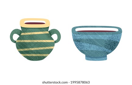 Clay Kitchenware Set, Ceramic Pottery with Decorative Ornament, Pot and Bowl Crockery Cartoon Vector Illustration