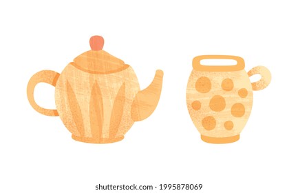 Clay Kitchenware Set, Ceramic Pottery with Decorative Ornament, Teapot and Mug Crockery Cartoon Vector Illustration