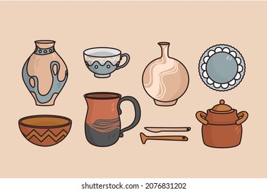 Clay kitchenware and tableware concept. Set of artisan handmade clay jugs cups pots and plates over light background vector illustration 